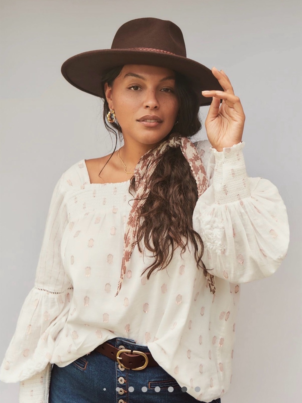 Anthropologie Boho Square-Neck Blouson Top in Ivory with Rose Gold Dots